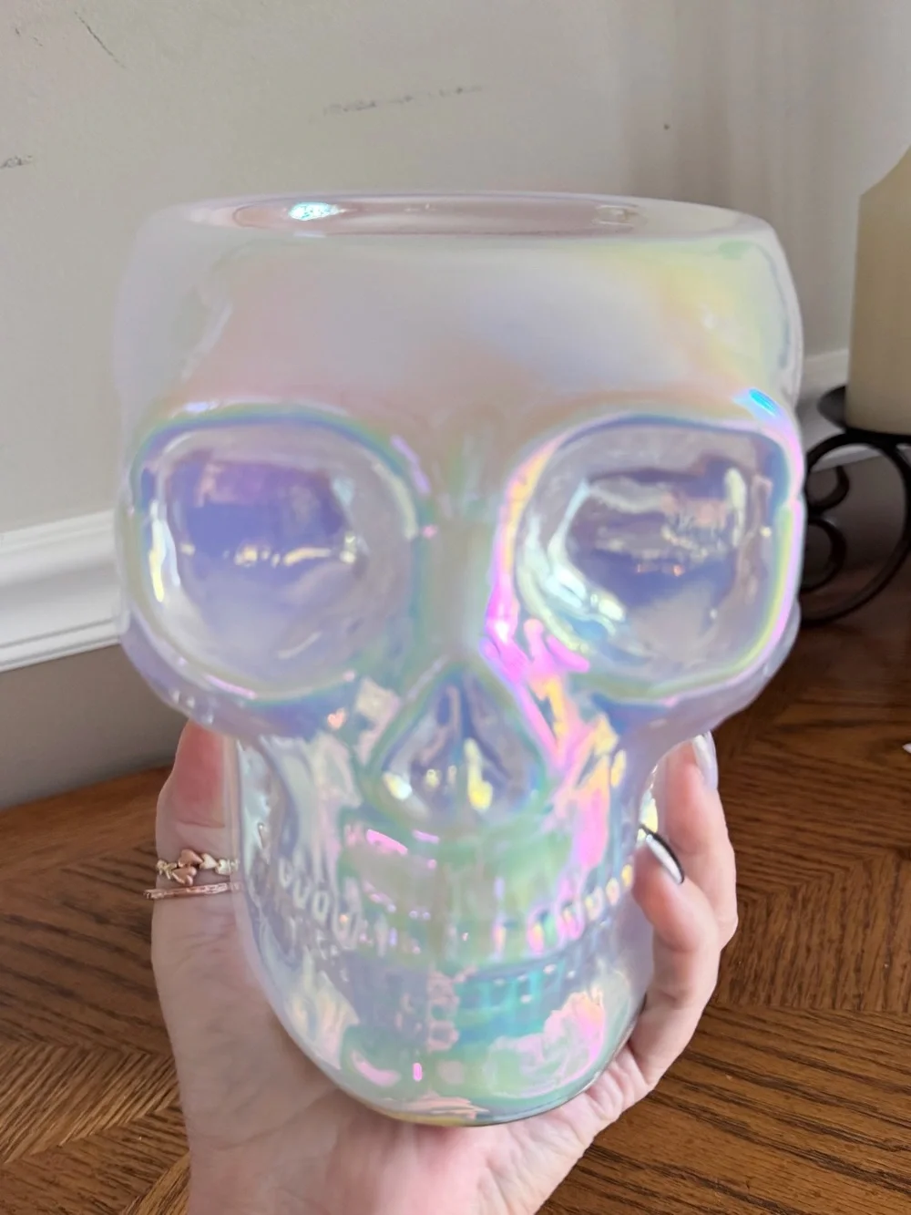Bath & Body Works VIDEO Iridescent light up skull 3 wick candle holder